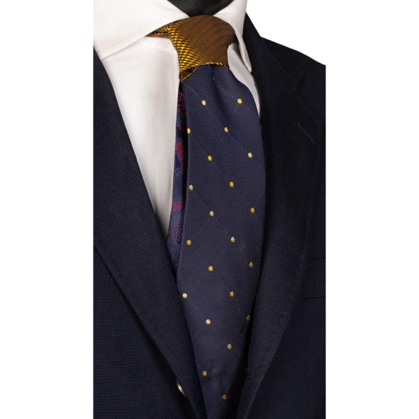 Cravată-Albastru-Cadrat-cu-Pois-Galben-Aur-Nod-în-Contrast-Galben-Auriu-Fantezie-N2803